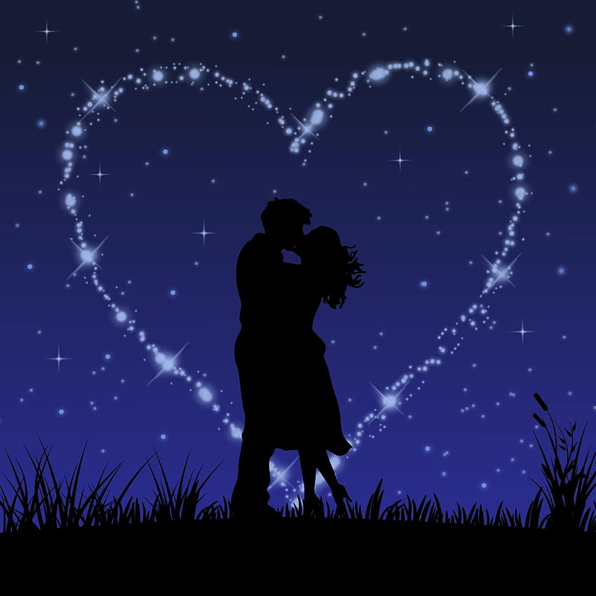 Couple's silhouette and heart star trail, romantic kissing couple silhouette HD phone wallpaper