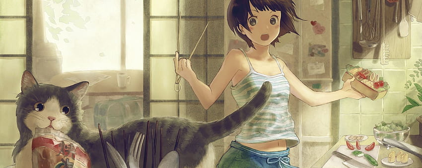2560x1024 anime, gadis, kucing, kamar ultrawide, karya seni kamar anime Wallpaper HD