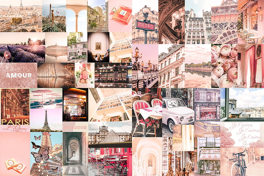 90 Wall Collage Kit Francés Paris Pastel Pinks Aesthetic, paris collage fondo de pantalla