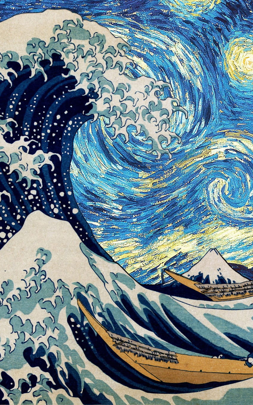 Starry Night , Hokusai, Vincent Van Gogh, The Great Wave Off Kanagawa • For You HD тапет за телефон