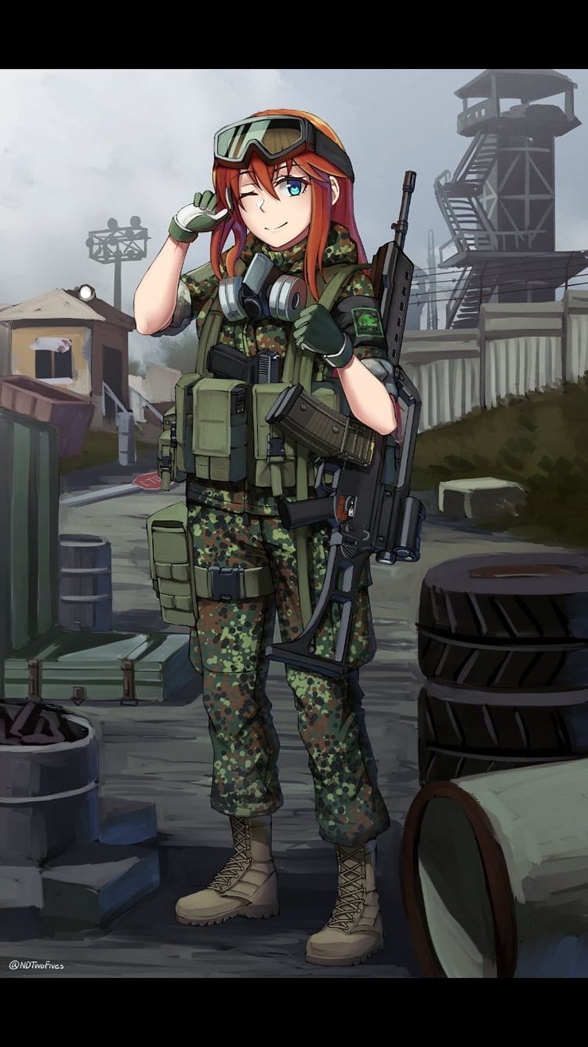 Закачете аниме момиче с оръжие, военен учен HD тапет за телефон