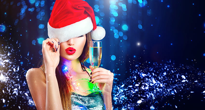 New year Winter hat young woman Sparkling wine Hands HD wallpaper