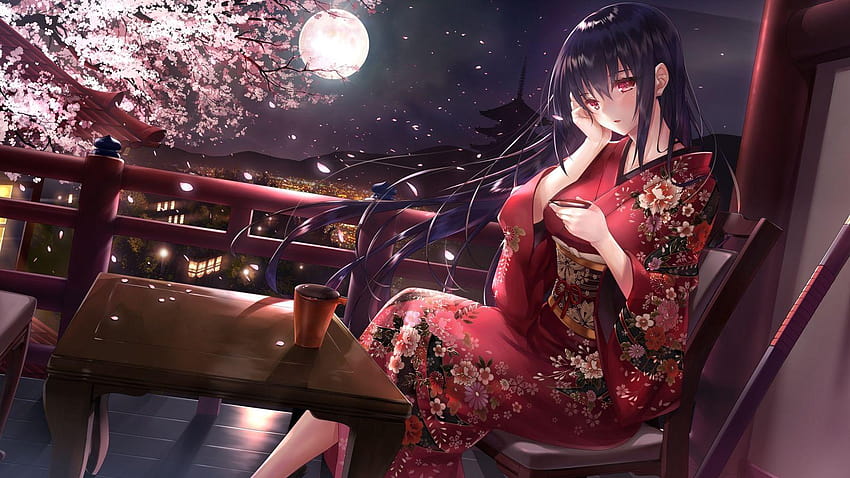 Anime Girl, Kimono, Moon, Sakura Tree, Scenic, Traditional, anime kimono HD wallpaper