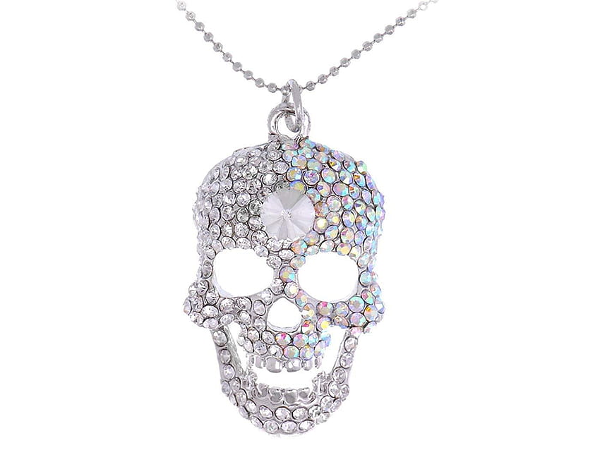 Alilang Silvery Tone Iridescent Crystal Rhinestone Halloween Skeleton Skull Head Pendant Necklace, iridescent skull and bones HD wallpaper