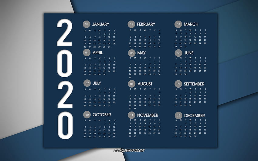 2020 calendar, all months, blue 2020, calendar 2020 HD wallpaper
