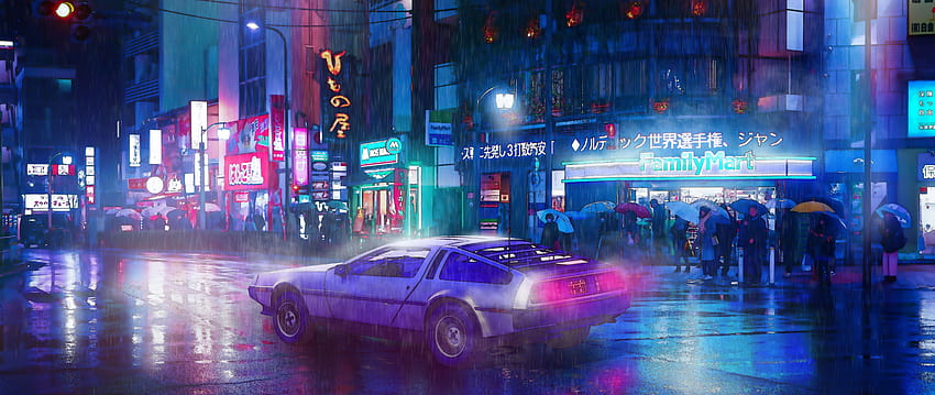 Cyberpunk Car Night City กว้างพิเศษ วอลล์เปเปอร์ HD