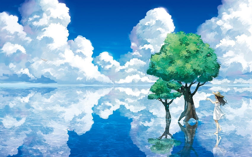 women, water, clouds, landscapes, trees, fantasy art, artwork, anime clouds HD wallpaper