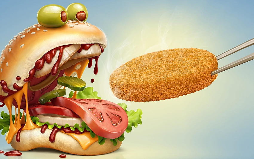 Divertente Chicken Monster Burger, cibo spazzatura Sfondo HD