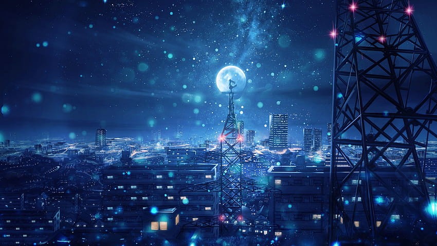 Blue Night Big Moon Anime Scenery HD wallpaper