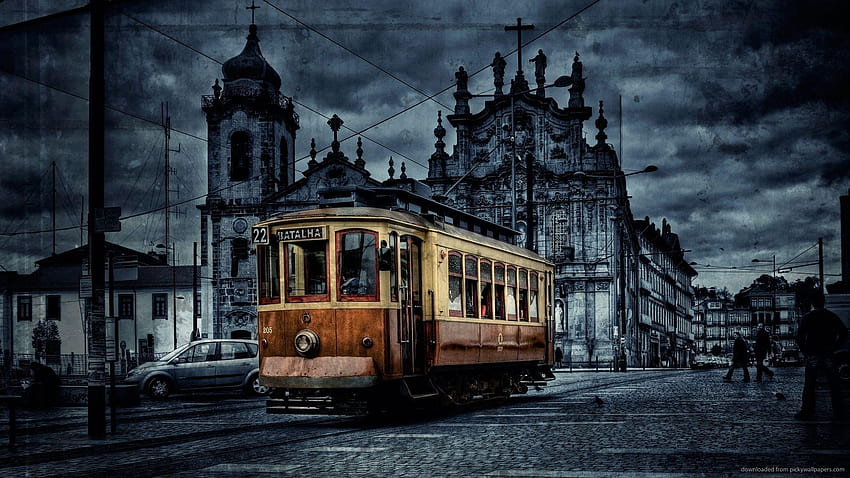1920x1080 Alte farbige Straßenbahn, Altstadt HD-Hintergrundbild