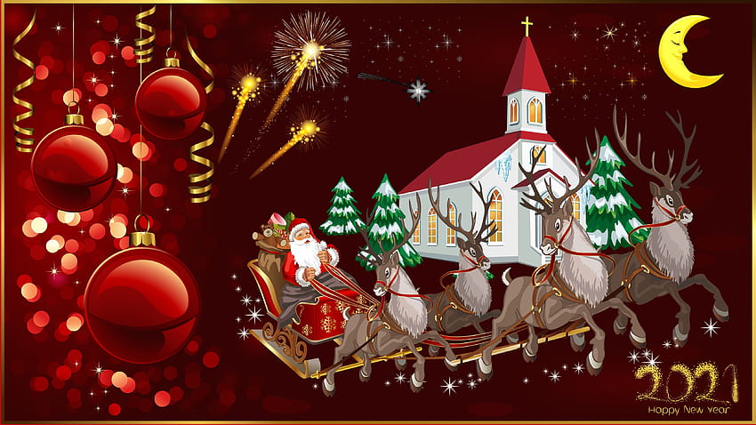 Happy New Year 2021 Merry Christmas Christmas Greeting Card Santa Claus And Reindeer Church Christmas Decorations Fireworks Moon For Computers Laptop Tablet And Mobile Phones : 13, merry christmas 2021 HD wallpaper