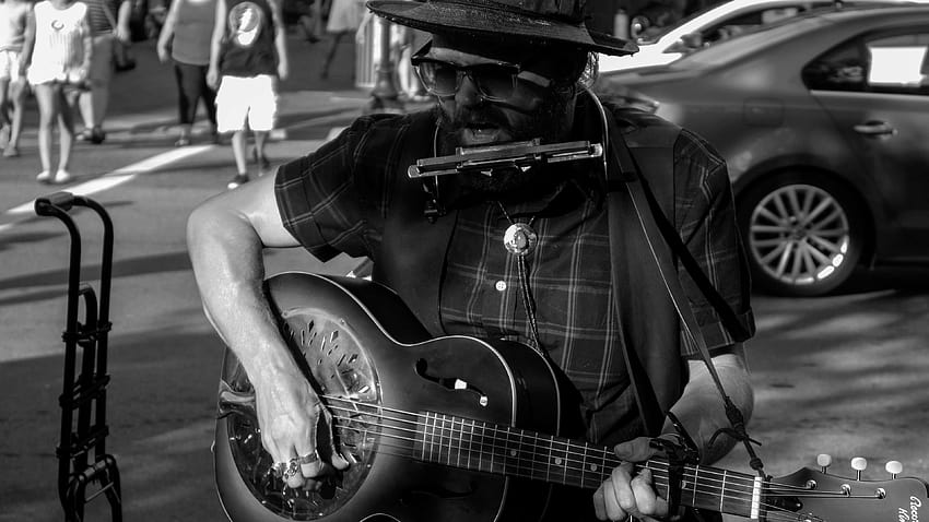asheville, black and white, city, glasses, guitar, guy, harmonica HD wallpaper