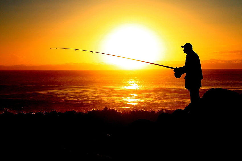 空 太陽 サンセット 海 漁師 釣り竿 シルエット 高画質の壁紙