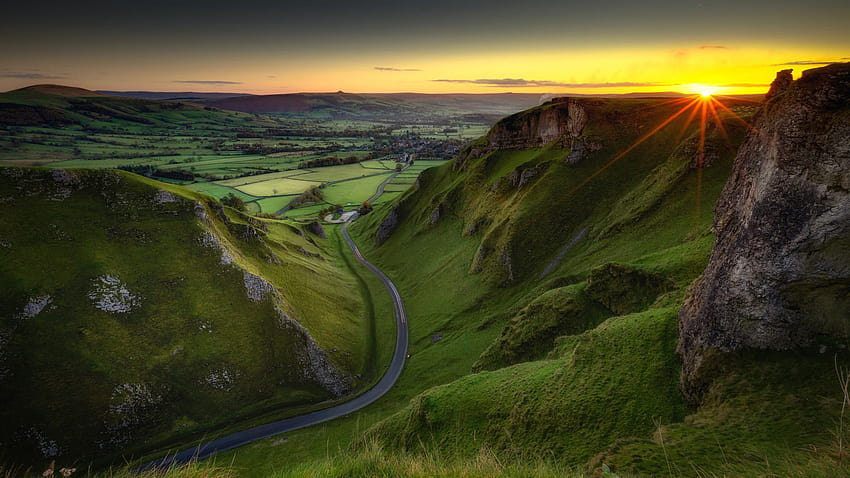 England, Peak District, grüne Felder, Straße, Sonnenaufgang, Morgen 1920x1200 HD-Hintergrundbild