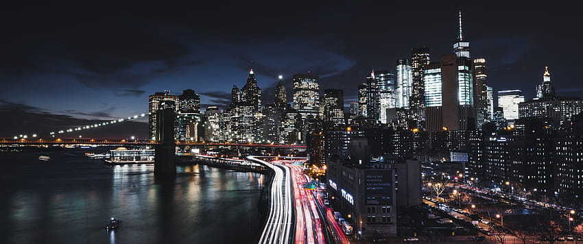 2580x1080 New York City, Manhattan, Timelapse, Buildings, Night, Boat, Bridge HD wallpaper