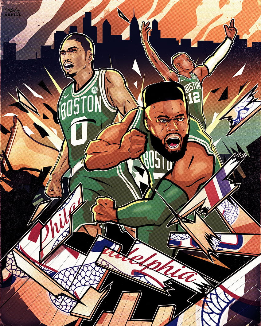 Boston Celtics NBA Art Jaylen Brown, Jayson Tatum Terry Rozier, animowani koszykarze Tapeta na telefon HD
