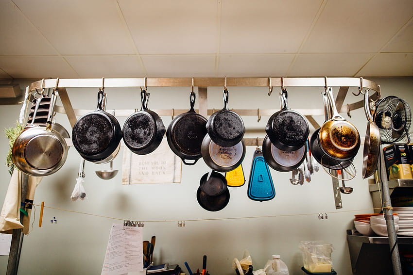 Assorted Frying Pans Hanging on Pot Rack · Stock, women pans HD wallpaper