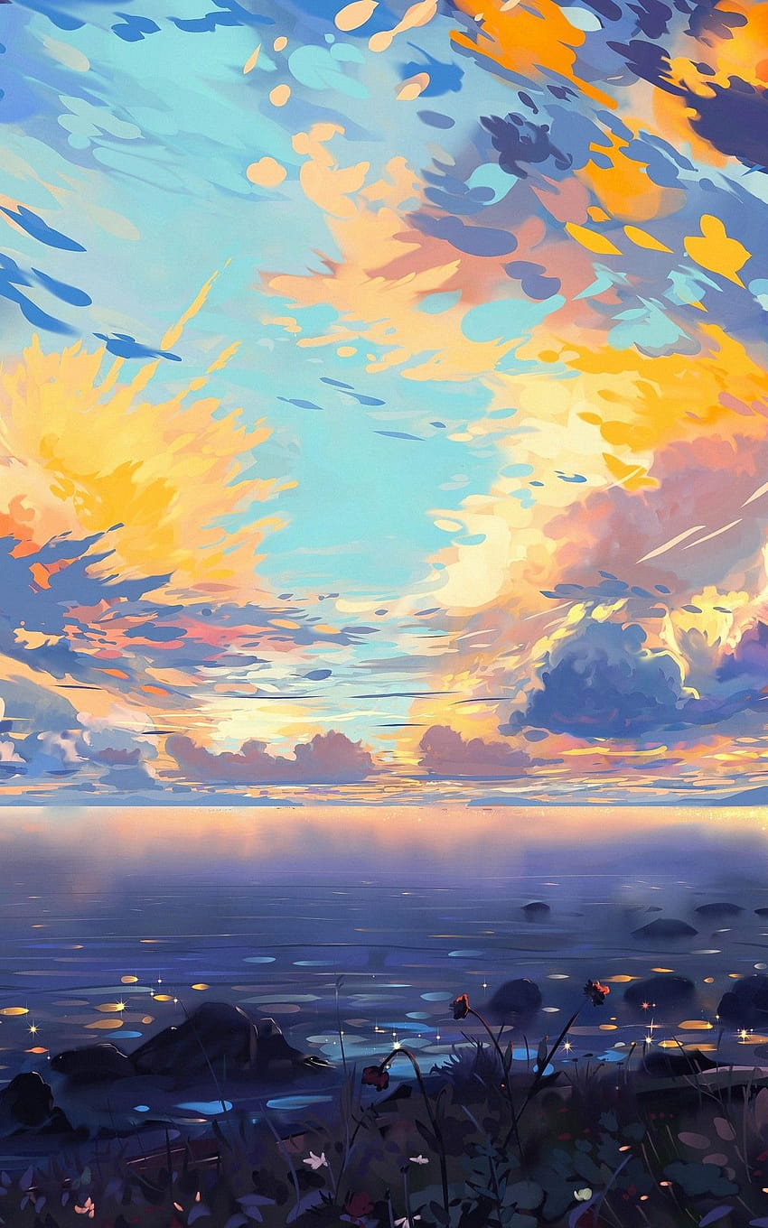 1200x1920 Anime Landscape, Sea, Ships, Colorful, Clouds, Scenic, Tree, Horizon for Asus Transformer, Asus Nexus 7, Amazon Kindle Fire 8.9, anime landscape phone HD phone wallpaper