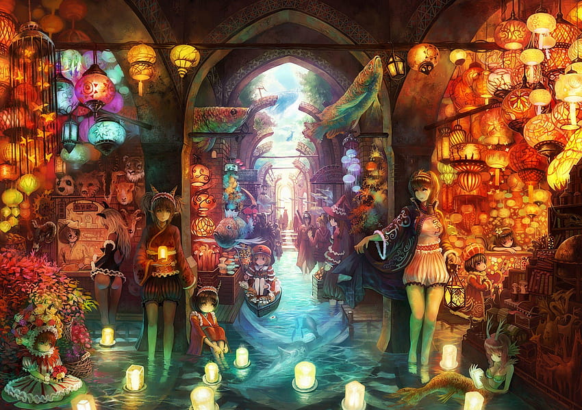 Magic Alley) water anime shop Pixiv Fantasia chinese lantern~, lantern fantasy HD wallpaper