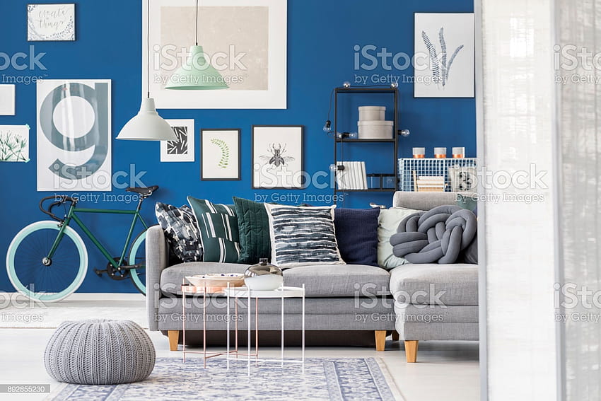 ✓ Pouf in blue living room Stock HD wallpaper