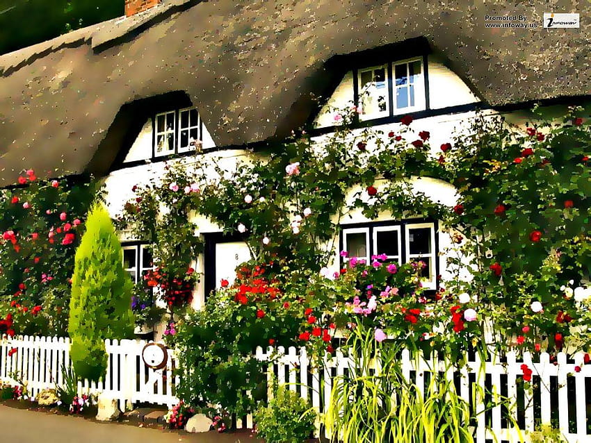 Englischer Cottage Garden, Blumengarten mit Häuschen HD-Hintergrundbild