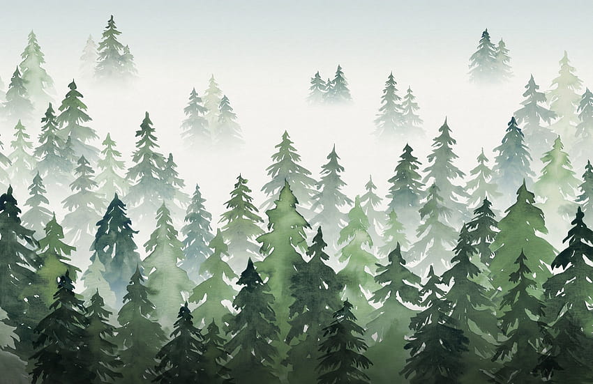 Mural de silueta de árbol de bosque de acuarela verde, línea de árboles fondo de pantalla