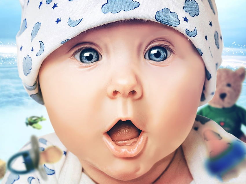 Bébé mignon, yeux bleus grands ouverts et expression faciale surprise 1152X864 1152X864 Fond d'écran HD