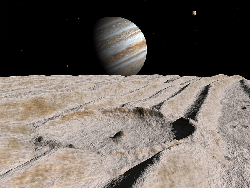 Artist's concept of an impact crater on Jupiter's moon Ganymede, with Jupiter on the horizon Poster Print HD wallpaper