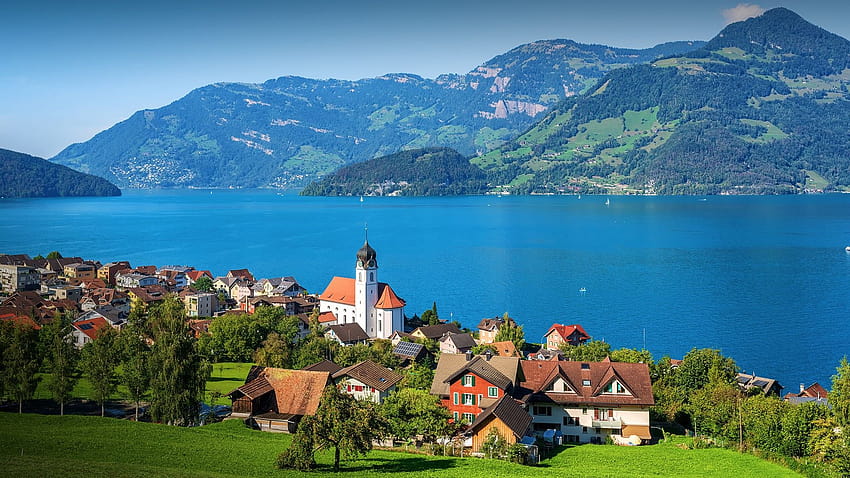 Aldeia tradicional Beckenried no lago Lucerna nos Alpes suíços, Suíça, lago Alpes suíços papel de parede HD