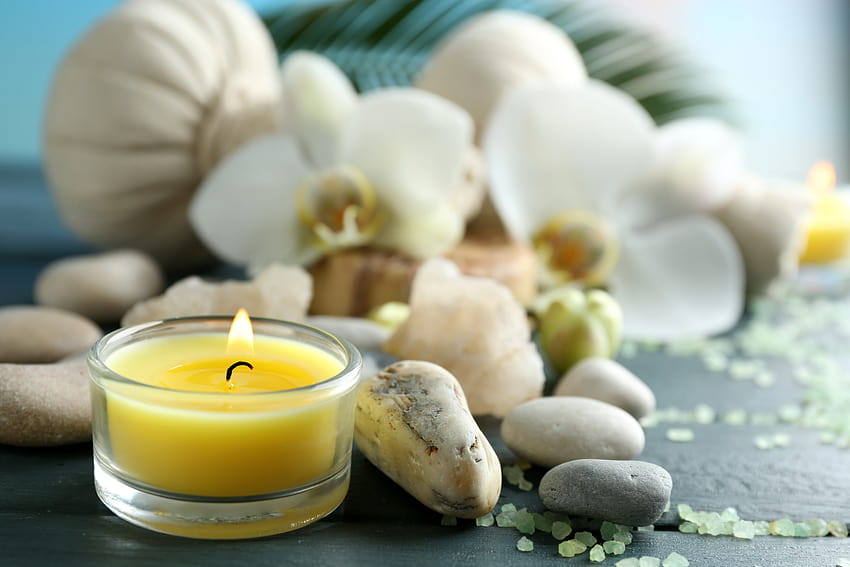 : yellow votive candle, flowers, stones, candles, relax, flowers and candle lights HD wallpaper