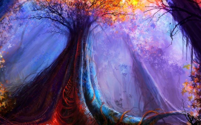 งานศิลปะ แฟนตาซี เวทมนตร์ ศิลปะ ป่า ต้นไม้ ทิวทัศน์ ธรรมชาติ ฤดูใบไม้ร่วง / และพื้นหลังมือถือ ป่าฤดูใบไม้ร่วงแฟนตาซี วอลล์เปเปอร์ HD