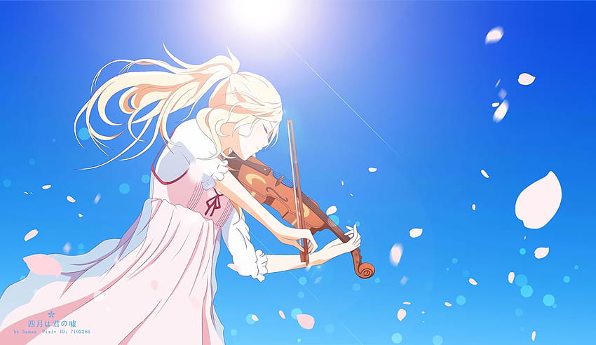 blonde hair cherry blossoms dress flowers instrument miyazono, kaori miyazono anime HD wallpaper