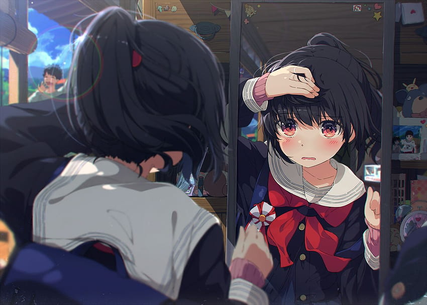 Anime Anime Girls Black Hair Ponytail Red Eyes School Uniform Mirror HD wallpaper