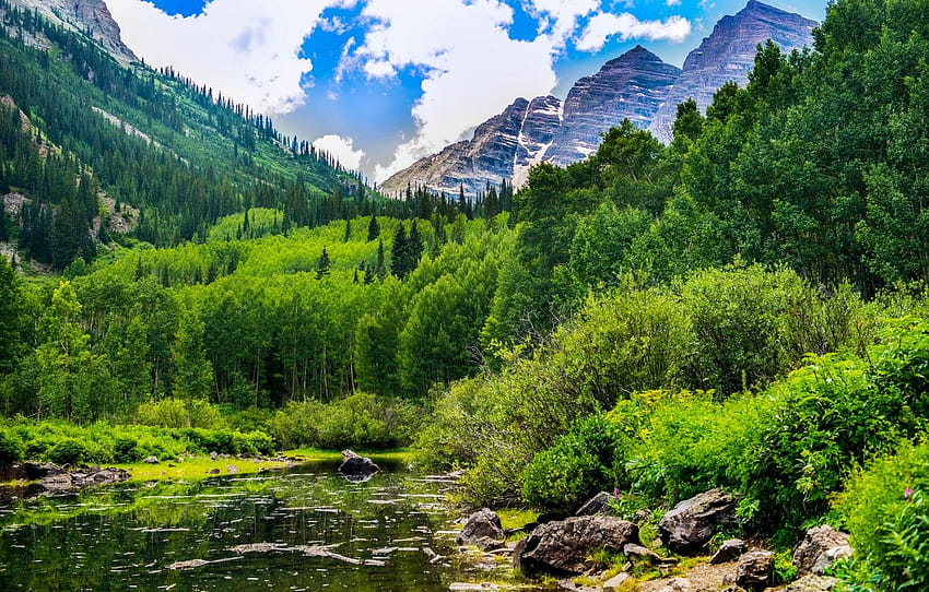 forest, clouds, mountains, lake, stones, USA, the bushes, Colorado, Maroon Bells , section пейзажи HD wallpaper