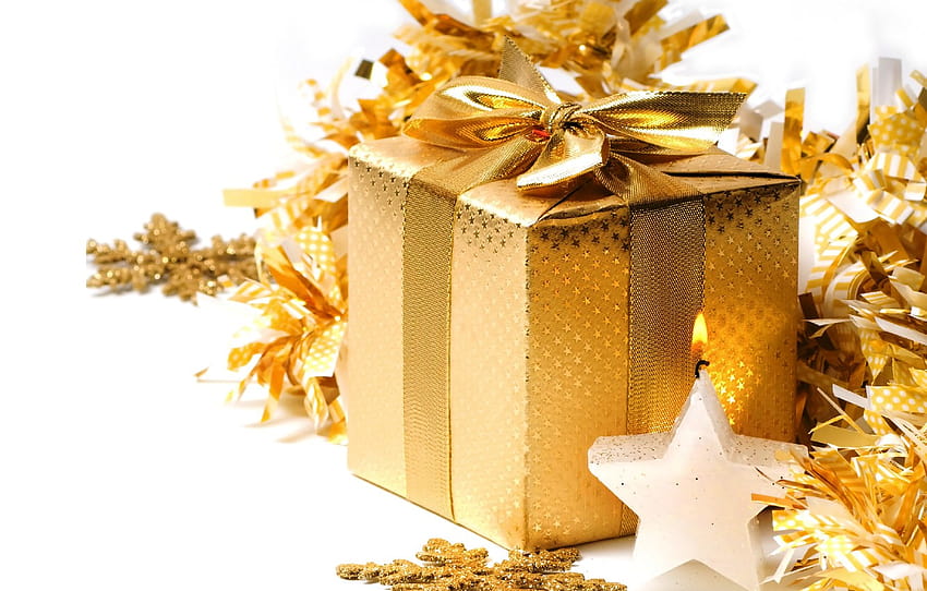 decoration, snowflakes, gold, gift, Christmas, New year, golden, Christmas, box, gift, decoration, xmas, Merry , section новый год, gold christmas gift HD wallpaper