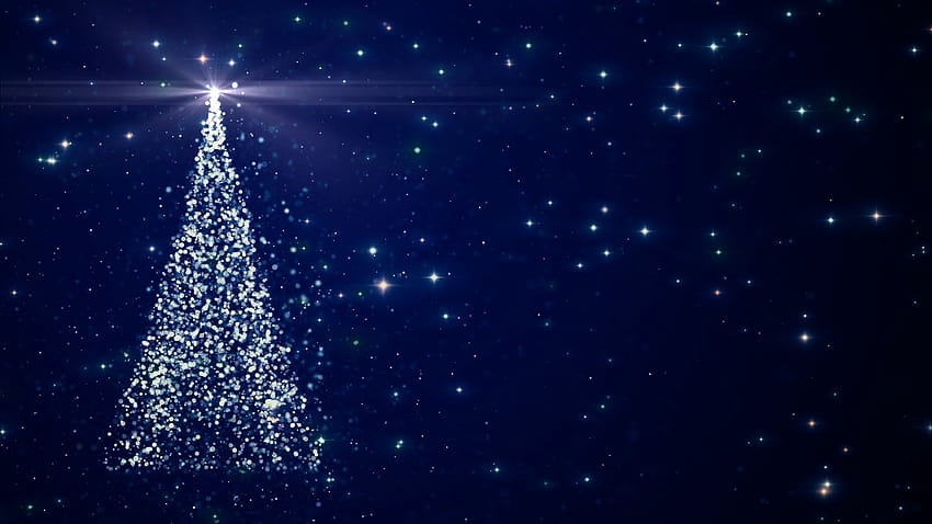 Karta wideo z życzeniami Wesołych Świąt. Choinka z błyszczącym światłem, spadające płatki śniegu i gwiazdy na ciemnoniebieskim tle, płynna animacja wakacyjna Motion Backgrounds, ciemnoniebieska choinka Tapeta HD