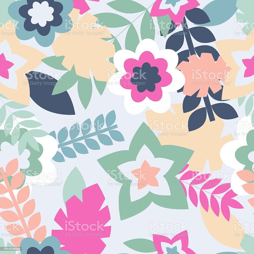 Seamless Pattern Of Abstract Pastel Graphic Floral Elements Spring Or Summer Backgrounds With Leaves And Flowers Blue Green Pink Yellow Peach Colors Textile Wrapping Paper Post Card Stock Illustration, summer pastel colors HD phone wallpaper