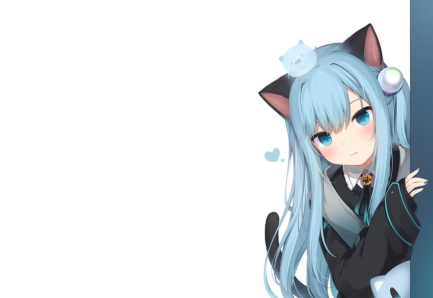 : аниме момичета, nekoha shizuku, amashiro natsuki, момиче котка, котешки уши, синя коса, дълга коса, сини очи, сини нокти, бели фонове 2920x2012, аниме момиче котка HD тапет