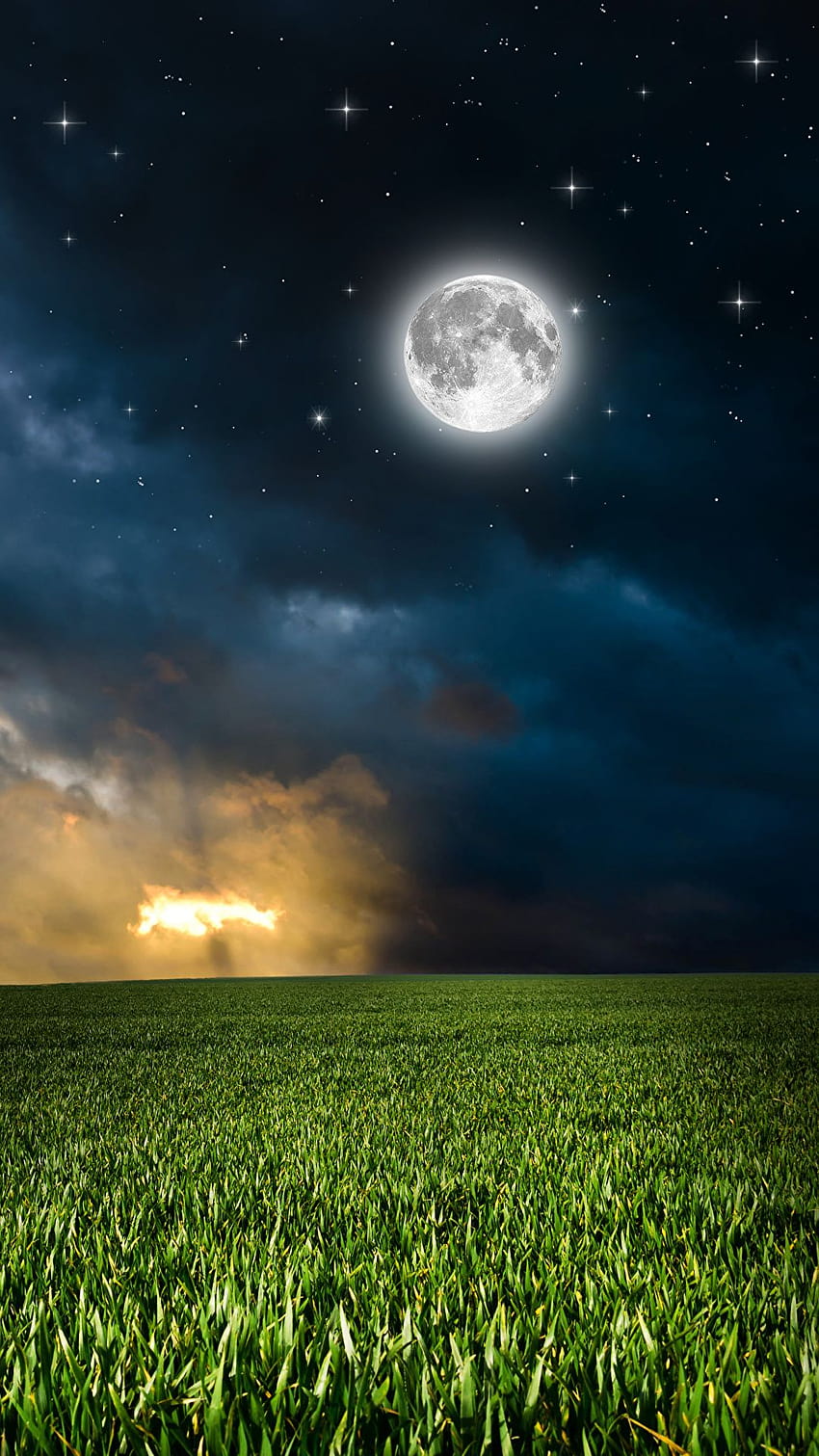 Gwiazdy Natura Niebo Księżyc Pola Krajy Noc Chmury 1080x1920, księżycowa sceneria mobilna Tapeta na telefon HD