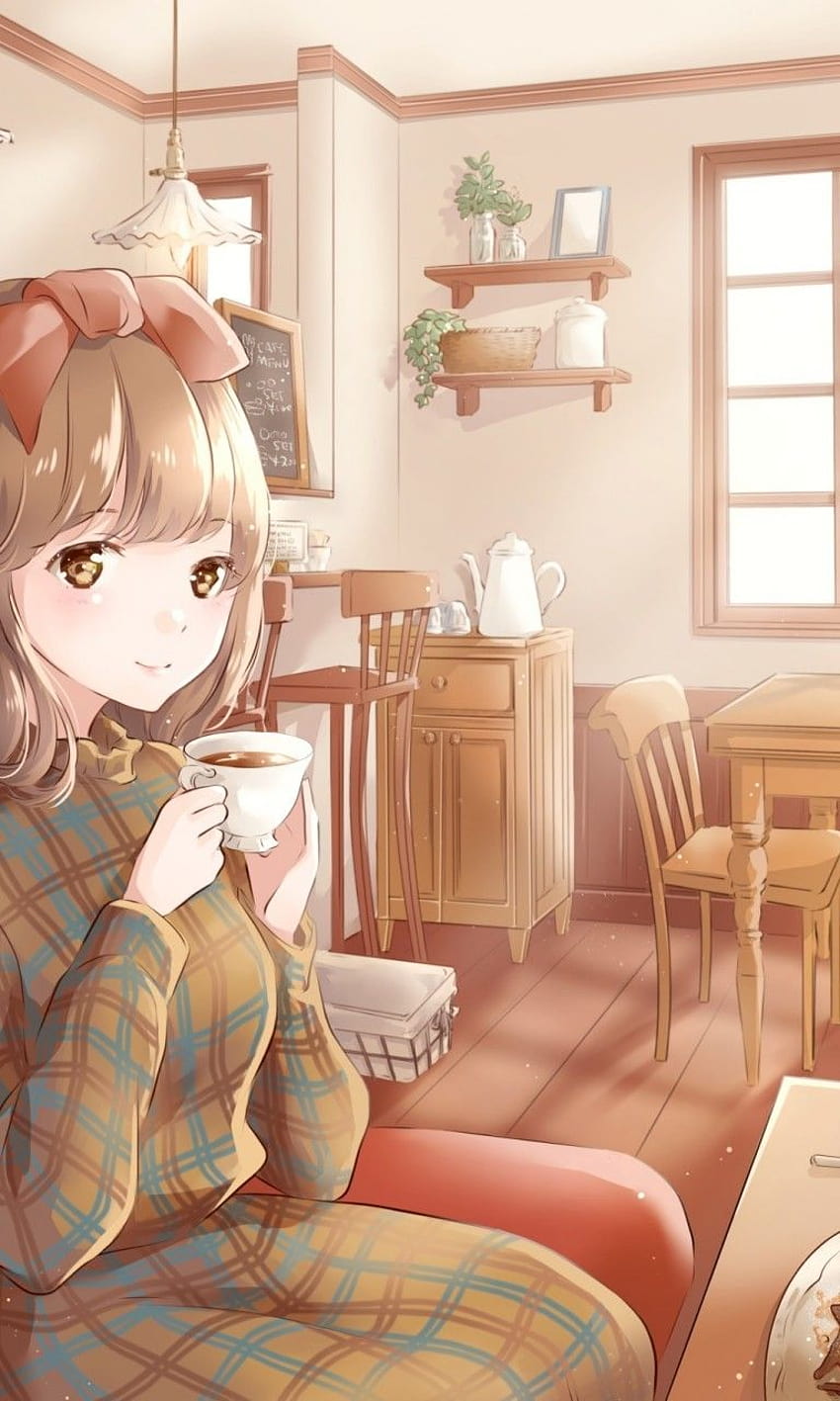 768x1280 Anime Girl, Cosy Coffee Shop, Bebidas, Sorrindo, anime girl bebendo café Papel de parede de celular HD