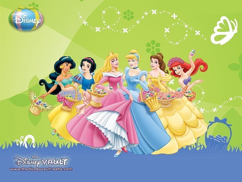プリンセスイースター; ジャスミン、白雪姫、オーロラ、シンデレラ、ベル、イースターのお姫様 高画質の壁紙