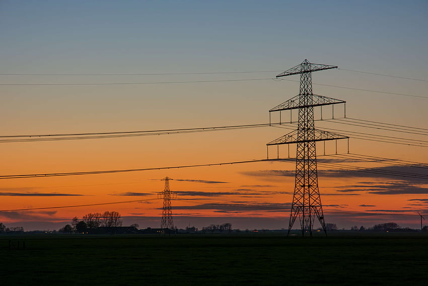503015 dawn, dusk, electric, electricity, energy, high tension line, high voltage line, transmission line, twilight HD wallpaper