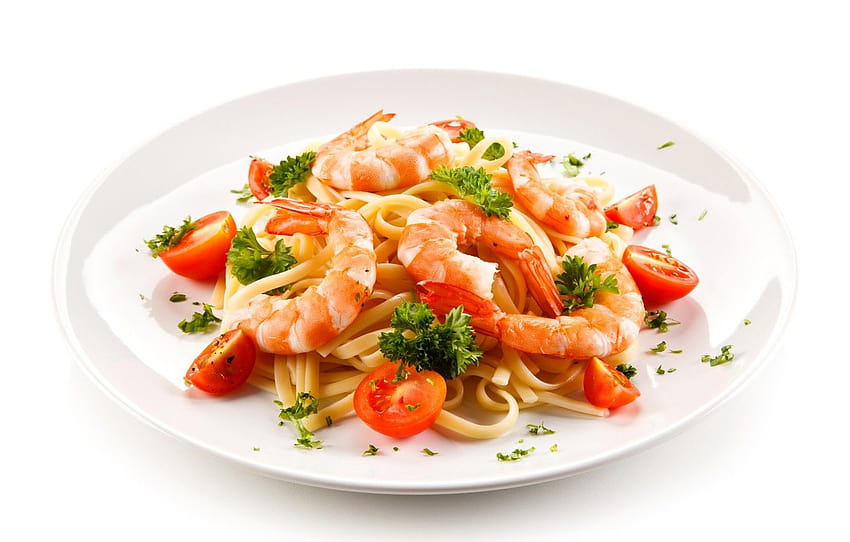 Teller, Tomaten, Lebensmittel, Nudeln, Garnelen, Hauptgerichte , Abschnitt еда HD-Hintergrundbild