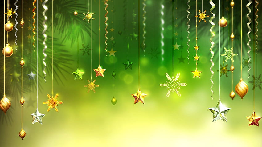 クリスマス 緑の背景 星 雪片 装飾的な装飾品、クリスマスの星 高画質の壁紙