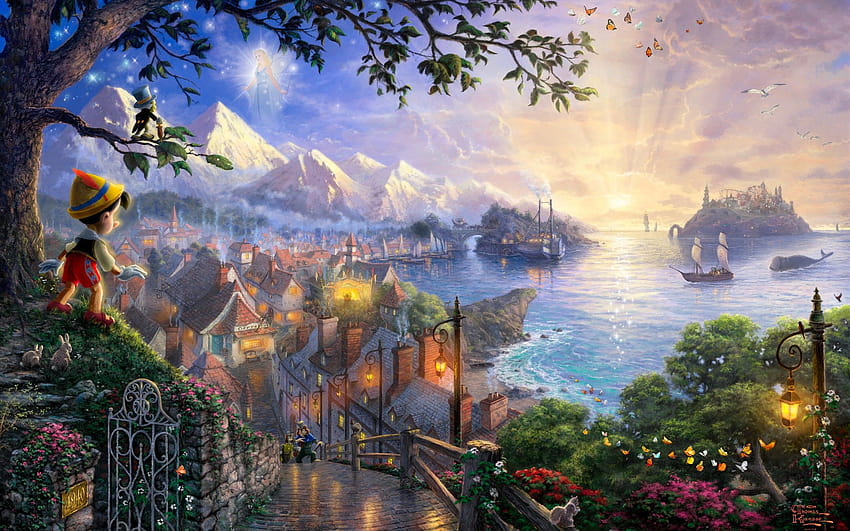tramonti, paesaggi, film, navi, fantasy art, pinocchio, villaggio, Thomas Kinkade, Disney, fiabe ::, disney fantasy Sfondo HD