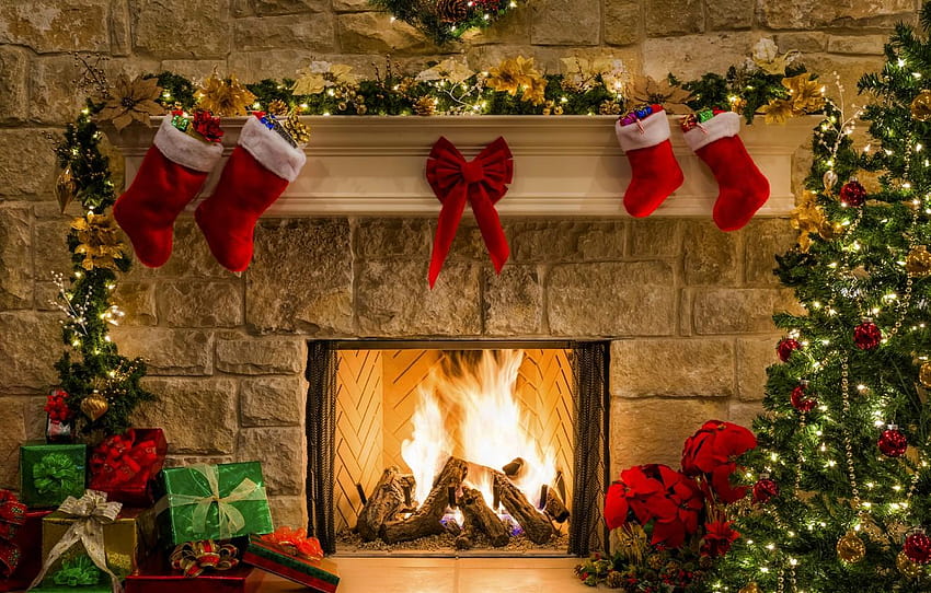 dekorasi, lampu, lampu, pohon, api, liburan, malam perapian natal Wallpaper HD