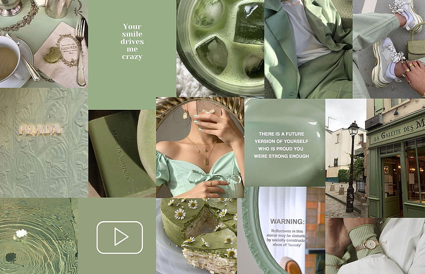10 idee collage estetiche per PC e laptop: Matcha Green, collage verde salvia scuro Sfondo HD
