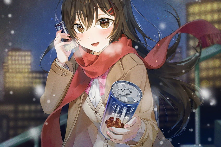 2560x1700 アニメ女子高生、コーヒー、寒さ、冬、黒髪、Chromebook ピクセルの赤いスカーフ、冷たいアニメ 高画質の壁紙
