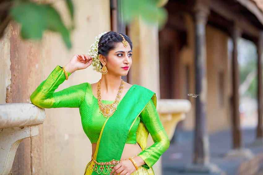 Telugu TV Actress Varshini Sounderajan in Green Lehenga HD wallpaper