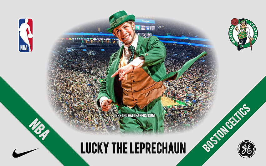 Lucky the Leprechaun, mascota, Boston Celtics, NBA, retrato, mascota de los Boston Celtics, EE. UU., baloncesto, TD Garden, logotipo de los Boston Celtics con una resolución de 2880x1800. Alta calidad fondo de pantalla
